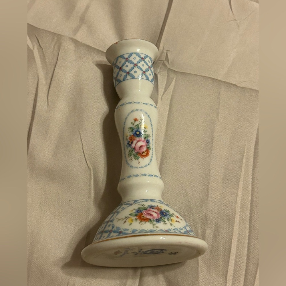 Christina Porcelain candlestick with Blue Crest and Pink Rose Accents